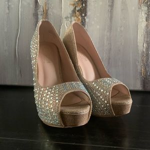Blinged out Open toe pumps
